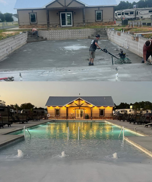 A before and after picture of a pool being cleaned